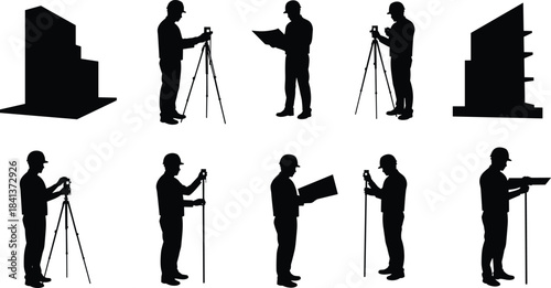 Surveyors silhouettes with tripods, civil engineering illustration, blueprint reading art, architectural building design, creative construction drawing, nt