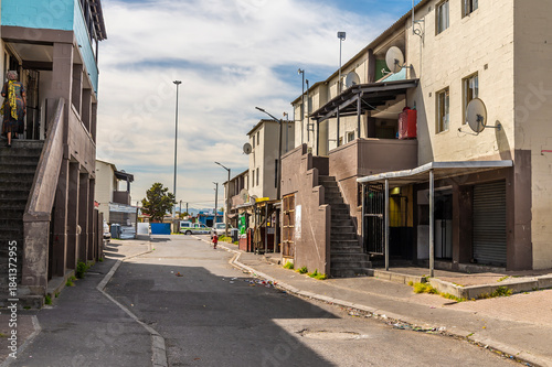 A view of government built flats in Langa Township, Cape Town, South Africa in springtime