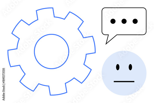 Workflow automation, communication systems, user interaction, process optimization, digital technology, conceptual ideas. Gear, speech bubble neutral face icon. Workflow automation and communication