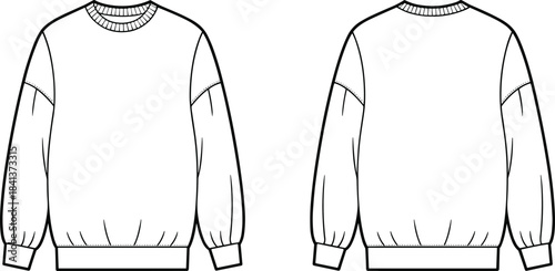 Sweatshirt flat sketch, long sleeve crewneck pullover, ribbed cuffs and hem design, dropped shoulder apparel template, fashion technical drawing, garment illustration