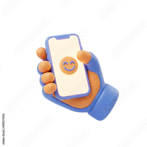 3D cartoon hand holding a smartphone displaying a smiling emoji on its screen on transparent background