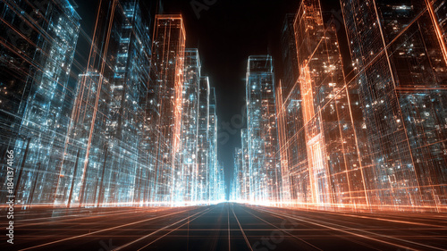 Abstract city towers with glowing outlines and mirrored streets.