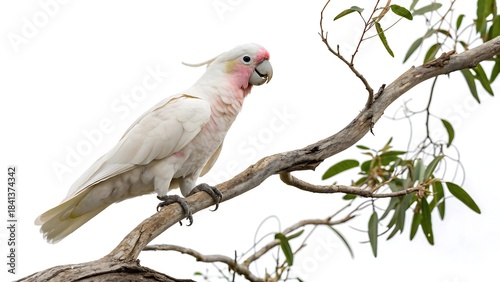 White cockatoo with pink cheek patches very beautiful isolated on white background With shadow. AI GENERATED.  