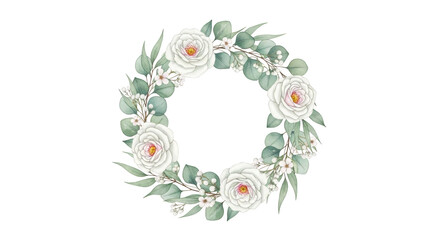 White rose and eucalyptus wreath watercolor illustration
