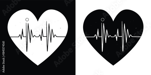 A black and white image of a heart with a cardiogram inside, symbolizing life and health, with a stark contrast between the two halves