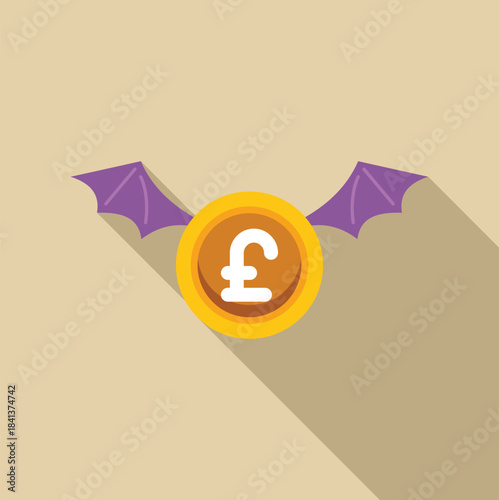 Pound coin with bat wings flying away, symbolizing financial loss and declining wealth