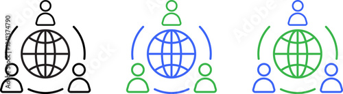 Global teamwork and communication icon set three people connected around the world globe network and connection concept