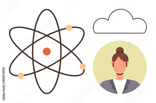 Atom model with orbiting electrons, cloud outline, woman in formal attire. Ideal for science, technology, education, innovation, communication AI data management. Simple flat metaphor