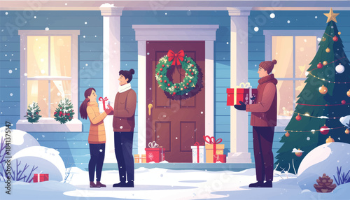 Christmas Neighbor Doorstep Gift Exchange Vector