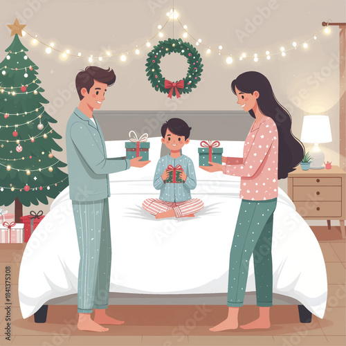 Christmas Pajama Party Gift Sharing Vector