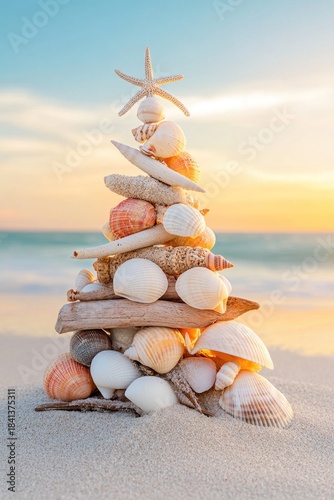 Seashell christmas tree on sandy beach with starfish topper under golden sunset