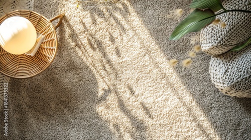 Top view of a textured beige rug with warm sunlight and dappled shadows. Cozy home decor flat lay with rattan table and lamp. Interior design background with copy space
