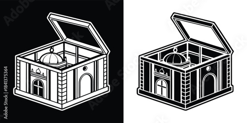 An open antique treasure chest with ornate carvings and a lock, presented in both positive and negative black and white