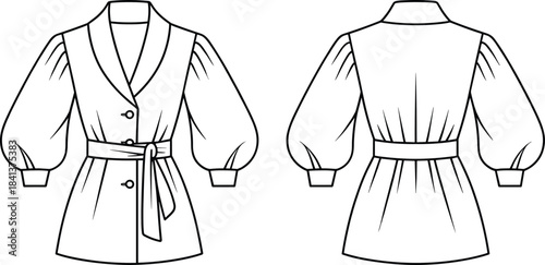 Belted vest dress with puff sleeves technical drawing front and back view vector illustration fashion template
