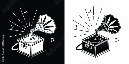 Vintage gramophone playing music with sound waves emanating, on black and white backgrounds