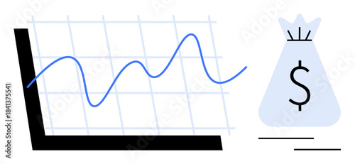 Line graph with upward trend and money bag symbol highlighting financial growth, investment progress, and economic success. Ideal for business, finance, analytics, profits, investments, startups