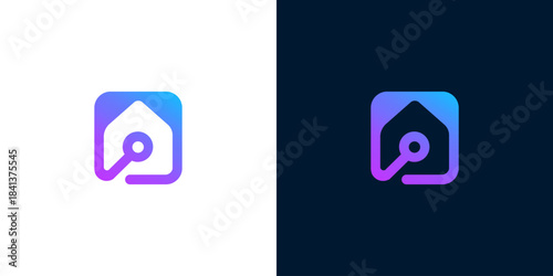 Vibrant gradient house and search icon logo for smart home tech, real estate apps, and digital property discovery, symbolizing innovation, connectivity, and modern living