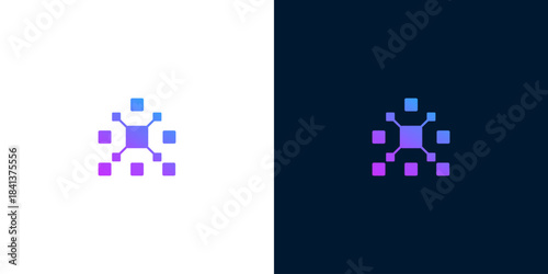 Abstract digital network connection symbol with connecting nodes and lines on white and dark backgrounds