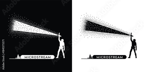 Silhouette of a person spraying a mist with the word microstream below, shown on black and white backgrounds