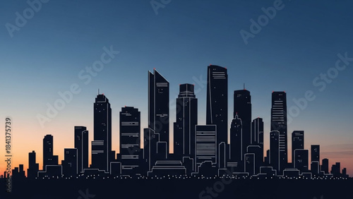 City skyline silhouette at dusk or dawn against a gradient sky