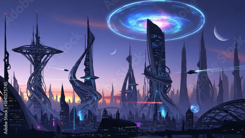 Futuristic cityscape at twilight with glowing structures and celestial phenomena