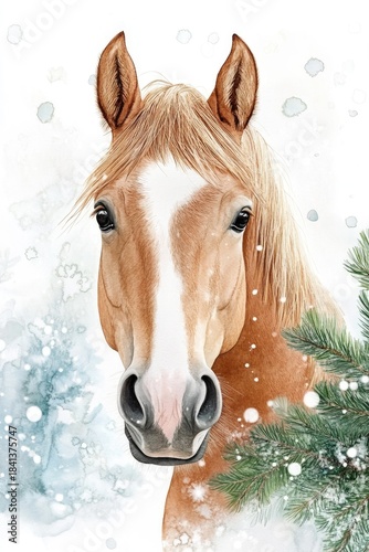 Festive horse with christmas tree and starry background in winter wonderland