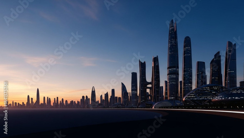 Futuristic city skyline at twilight with modern skyscrapers