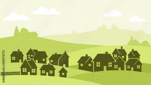 Village landscape illustration with houses on rolling green hills