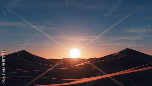 Dramatic desert sunset over sand dunes with sun rays