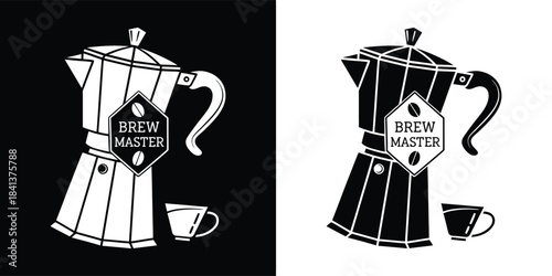 A stylized black and white illustration of a brew master coffee maker with a cup, presented on both black and white backgrounds, featuring a geometric pattern