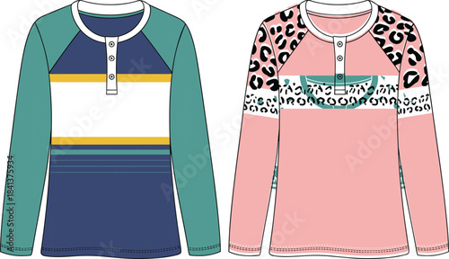 Trendy long sleeve shirts with color block and leopard print design, stylish apparel template for fashion designers, vector clothing mockup illustration