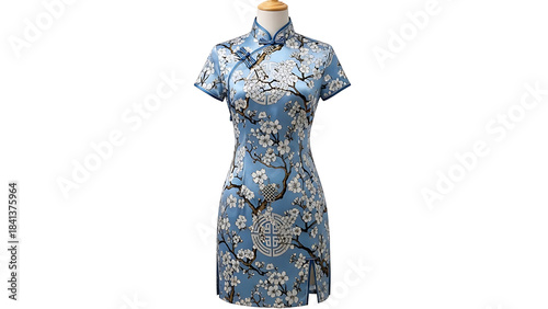 Elegant light blue floral print traditional Chinese cheongsam dress with mandarin collar and side slit