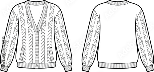Cable knit cardigan sweater technical drawing front and back view vector illustration fashion design template isolated white background
