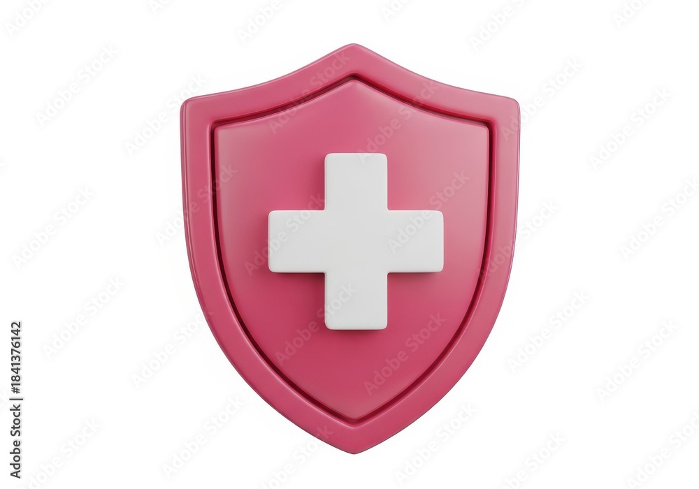 Obraz premium Three dimensional glossy shield icon with a prominent white cross symbol centered on a magenta background