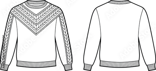 Cable knit pullover sweater technical drawing front and back view vector illustration fashion design template isolated white background