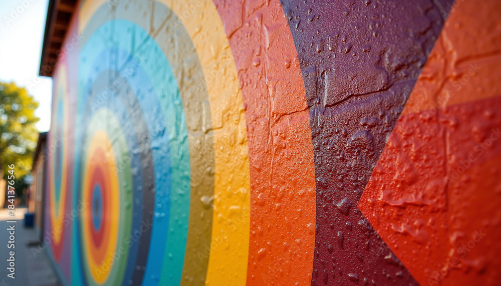 Fototapeta premium Vibrant rainbow mural painted on textured urban wall, featuring concentric circles, vivid hues, and bold color patterns. Artistic rainbow mural provides expressive rough surface details,