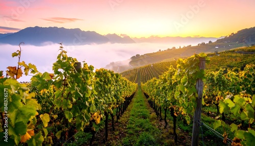 Vineyard rows at sunrise, misty mountains