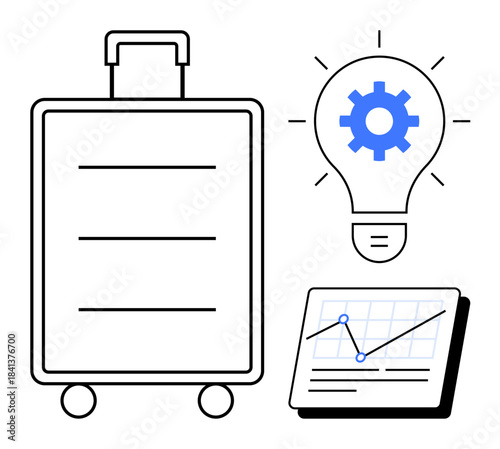 Luggage, lightbulb with gear, line chart on tablet combine travel, innovation, data-driven planning. Ideal for tourism, business solutions, strategy, team management creativity marketing simple