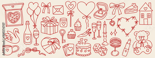 Set of romantic line art icons featuring hearts, gifts, balloons, cakes, candles, rings, teddy bear, and Valentine’s Day elements in a minimalist red outline style