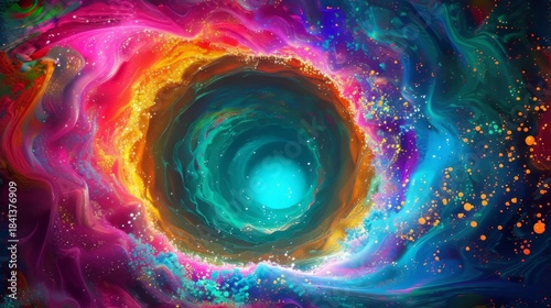 Abstract colorful vortex background with swirling liquid colors. Psychedelic neon tunnel with blue, pink and gold fluid paint texture. Cosmic space portal concept