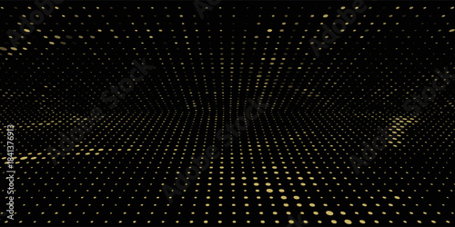 Abstract luxury banner with golden glittering dots on black background. Sparkling glitter bottom border, vector frame. Halftone effect. Magical gold dust. Pop art style backdrop.