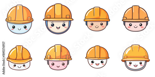 Multiple vector illustrations of cute-faced helmets
