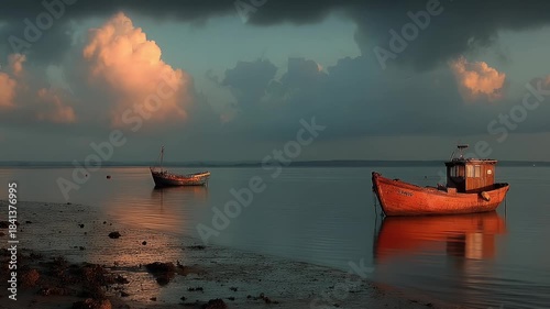 Boats Floating on Calm Water Under Dramatic Clouds.