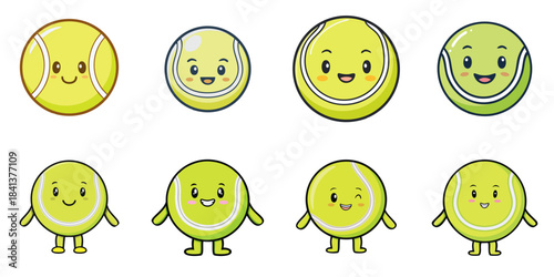 Multiple vector illustrations of cute-faced tennis balls
