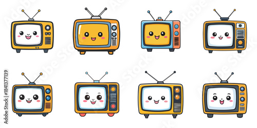 Multiple vector illustrations of cute-faced retro televisions
