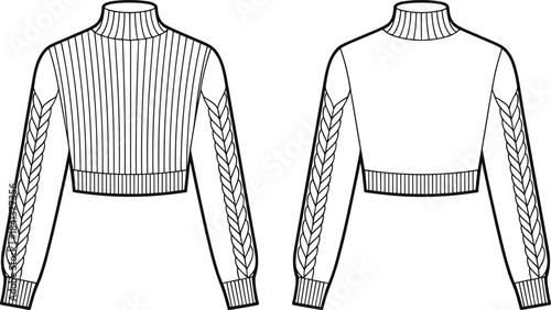 Cropped rib knit turtleneck sweater technical drawing front and back view vector illustration fashion design template isolated