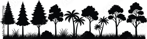 Tree silhouettes collection, diverse plant shapes, palm trees, conifer forest, jungle vegetation, landscape design, foliage variety, abstract art, botanical illustration, environmentTree silhouettes 