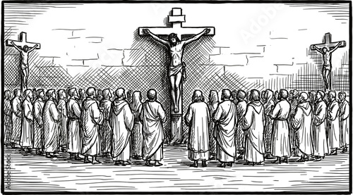 Black and white vector sketch of Jesus Christ crucifixion on cross with crowd of people and thieves on Good Friday.