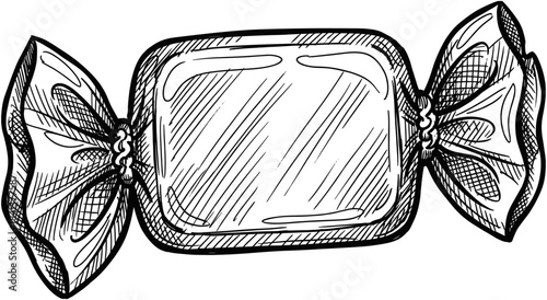 Black and white vector sketch of wrapped hard candy or sweet treat for holiday or Halloween design.