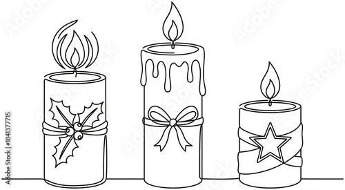 Black and white vector line art of three decorated Christmas candles with holly, bow, and star symbols.